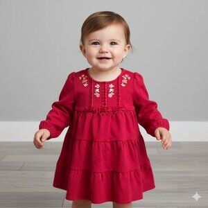 Gymboree Red Long Sleeve Dress with Floral Embroidery
